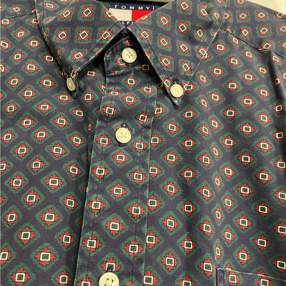 Vintage Tommy Hilfiger Shirt Mens XL Blue Long L/S Button Up Crest paisley 90s